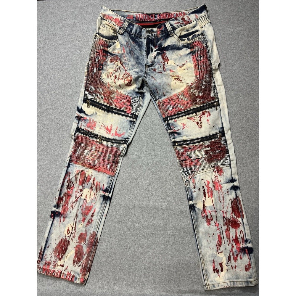 Vintage Americana Jeans, Paint Splatter, Distressed, Red, White, Black, 36x33
